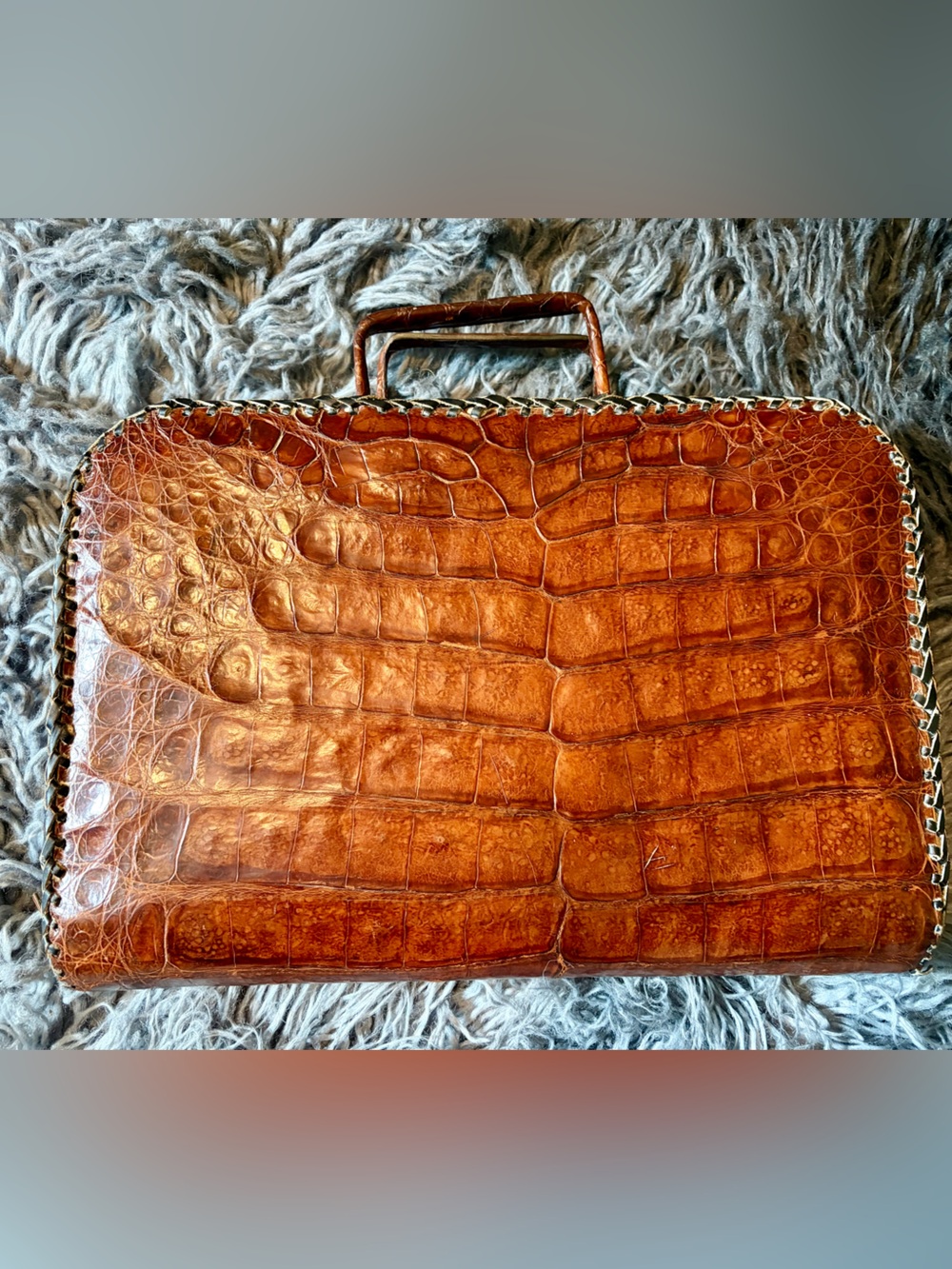 Cognac Croc-Embossed Leather Zip Briefcase